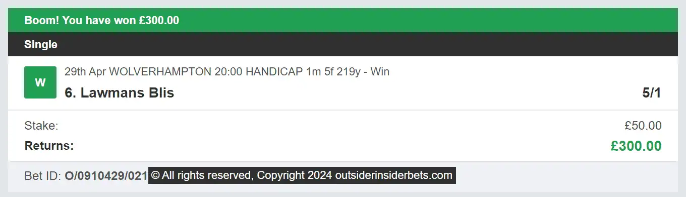 Outsider Insider Bets - Winner 1 - 2024-04-29