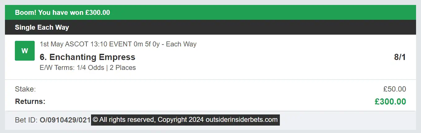 Outsider Insider Bets - Winner 1 - 2024-05-01